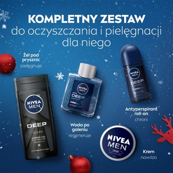 Men Deep Collection zestaw krem uniwersalny 75ml + antyperspirant roll-on 50ml + żel pod prysznic 3w1 250ml + antybakteryjna woda po goleniu 100ml For Discount