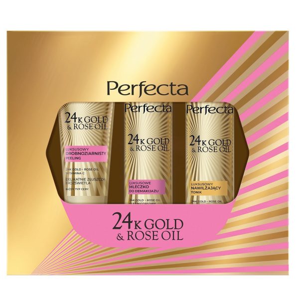 24K Gold & Rose Oil zestaw peeling drobnoziarnisty 75g + tonik nawilżający 200ml + mleczko do demakijażu 200ml Fashion